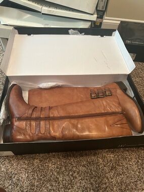 INC Tall Cognac Brown Riding Boots with Buckle Detail